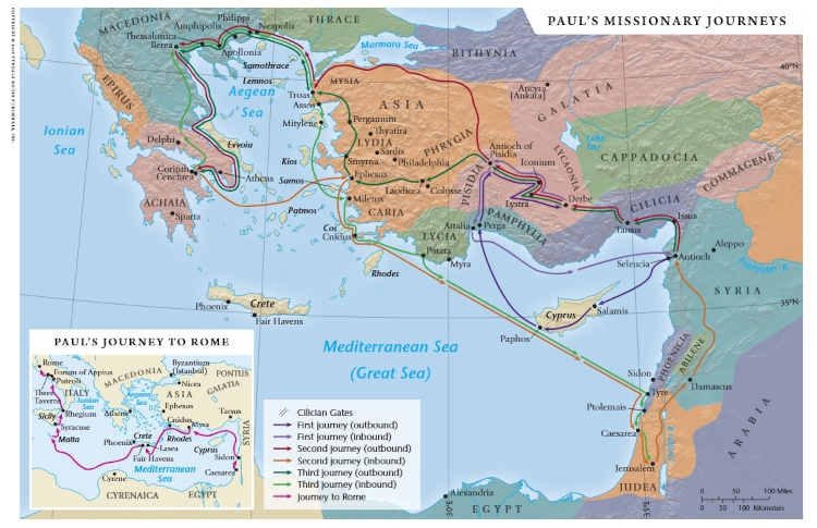 Paul's 3 Journey's on one map